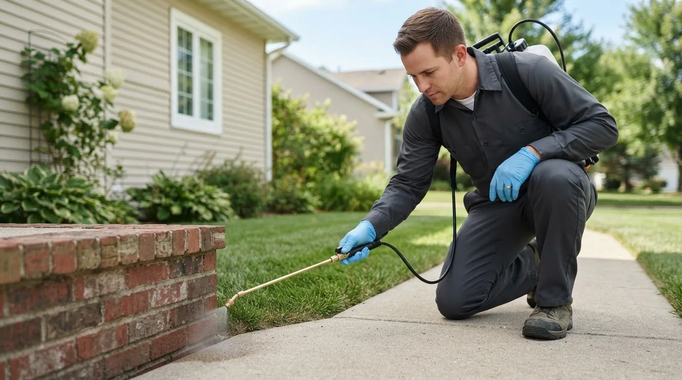 Pest control technician treating a home near Darfur, MN