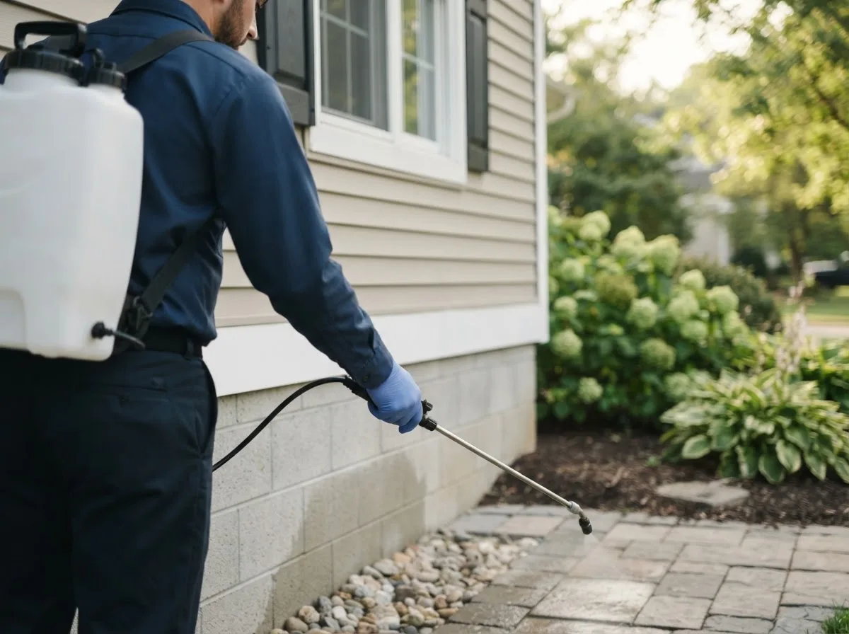 Pest control technician inspecting a home in Darfur, MN